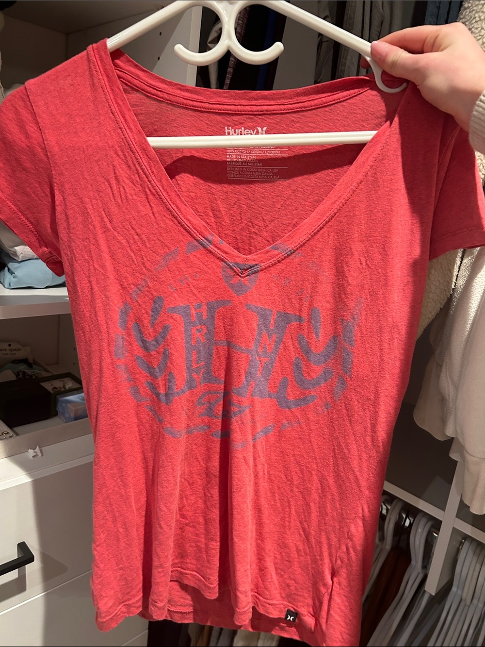 Hurley Coral V-Neck Tee with Light Blue Graphic